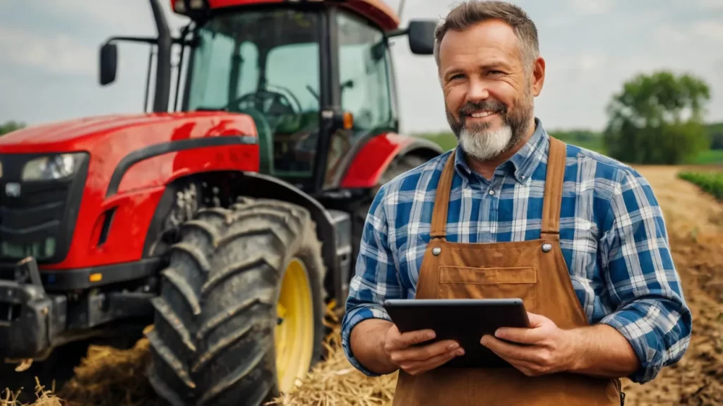 Empresario agrícola utilizando una tablet junto a maquinaria del campo.