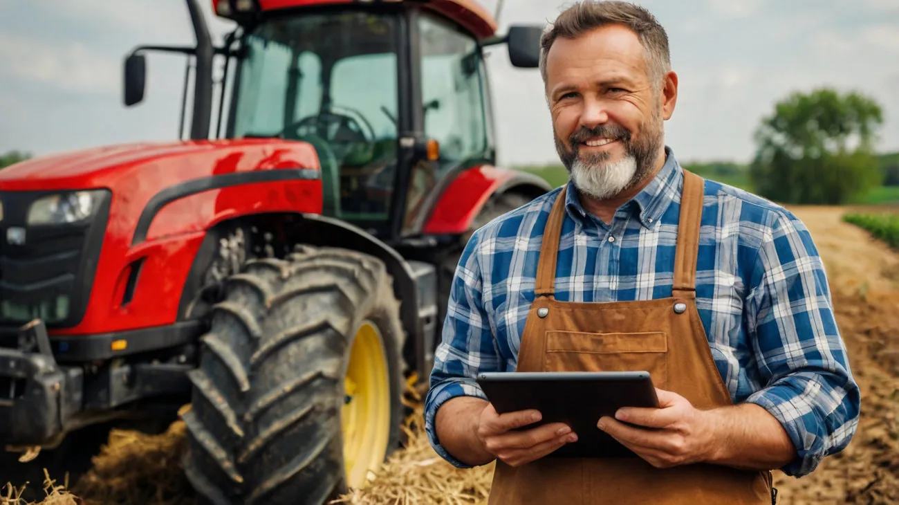 Empresario agrícola utilizando una tablet junto a maquinaria del campo.
